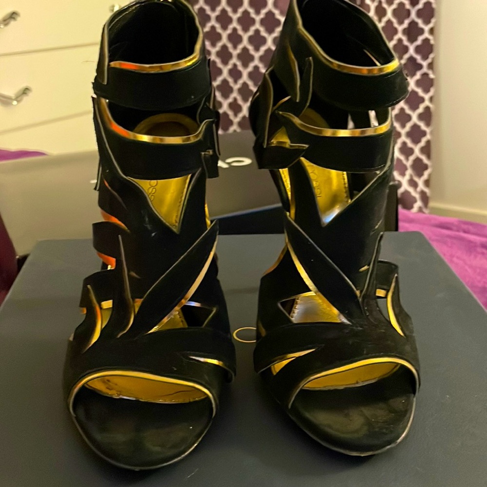 Sergio Rossi Velvet Sandals In Black and Gold size 37.5